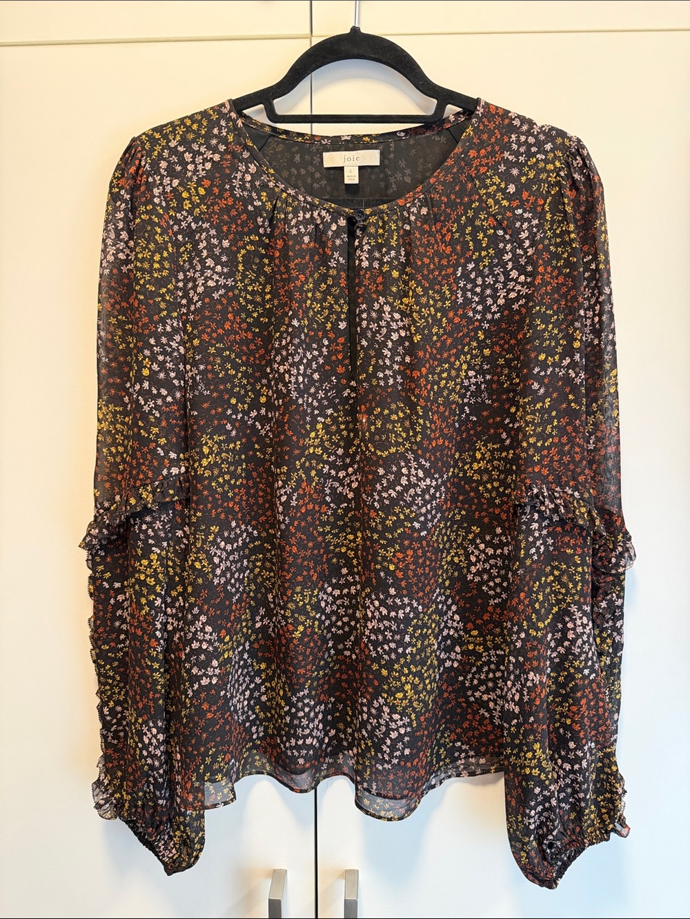 Joie Black Floral Ruffle-Sleeve Peasant Blouse